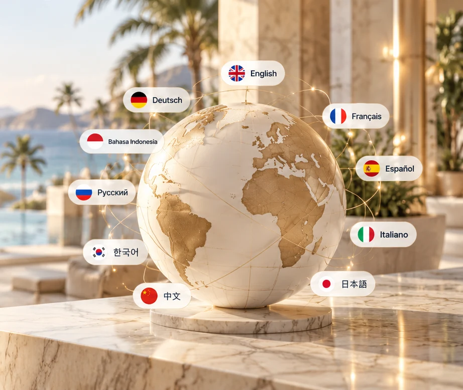 Marble globe surrounded by language labels