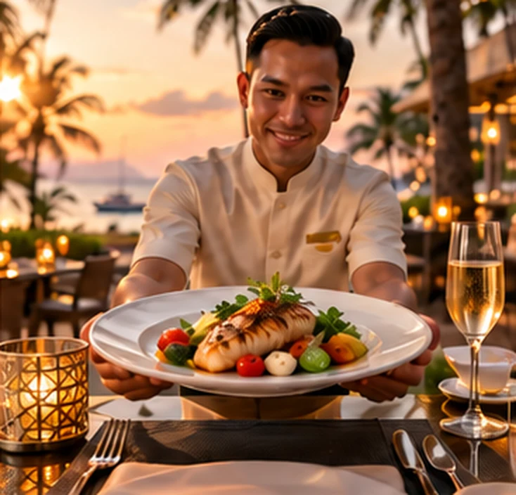 Waiter serving a dish at sunset