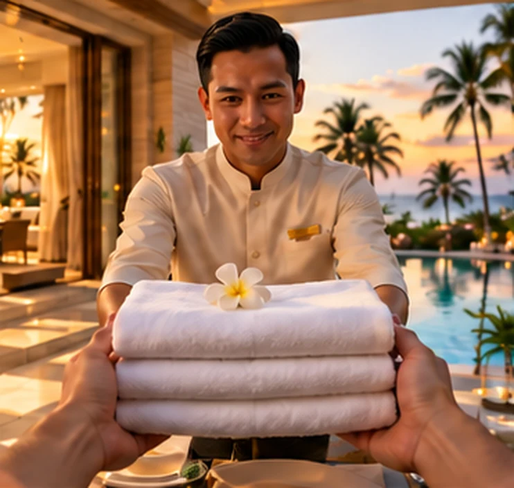 Staff handing fresh towels to a guest