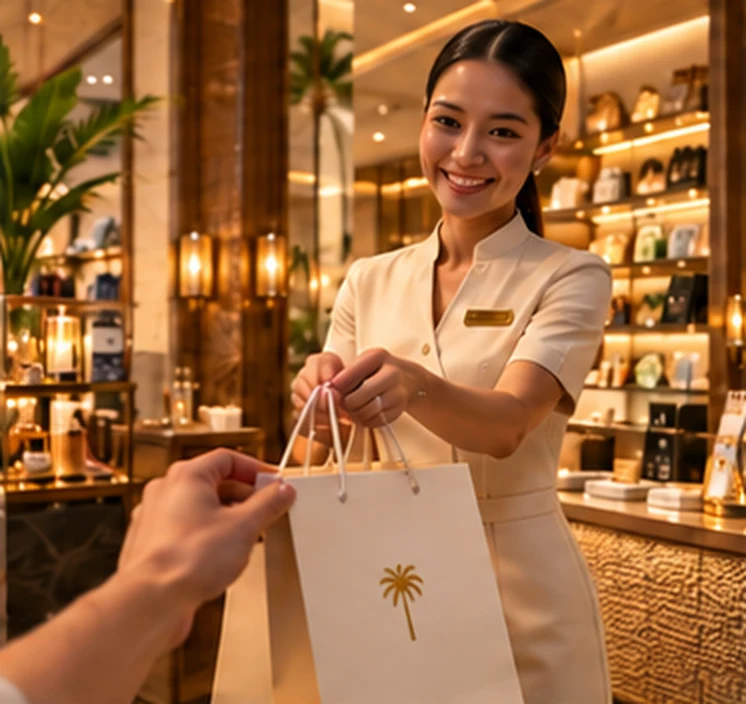 Shop assistant handing a gift bag