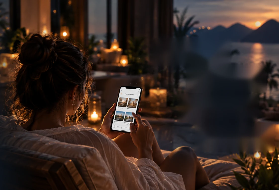 Guest browsing hotel services on her phone