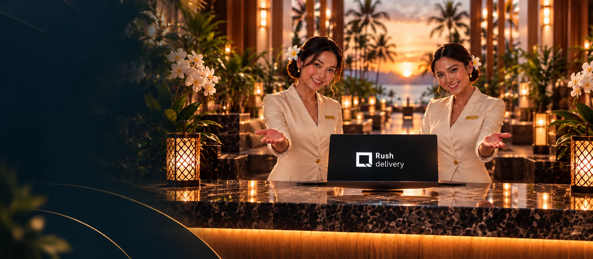 Reception staff welcoming guests with QRush
